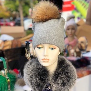Cashmere Hat with Raccoon Fur Poms NEW